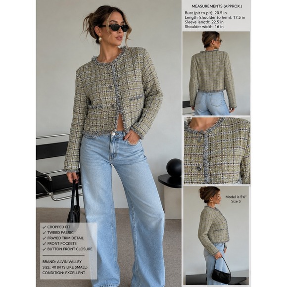 Alvin Valley Jackets & Blazers - Alvin Valley Tweed Fringe Jacket Chanel Style Chain Hem Cropped Blazer Sz 40 8